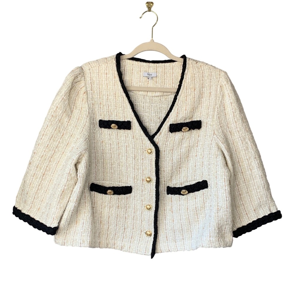 VOY Boucle Tweed Blazer Jacket Black Trim Gold Buttons Cropped 3/4 Sleeve Size L